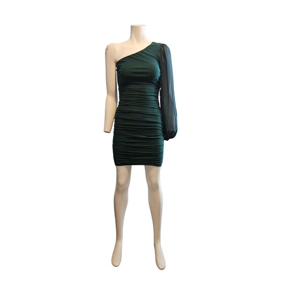 Hello Molly One-Sheer Shoulder Emerald Green Ruched Bodycon Dress - Women 6 - Picture 6 of 8